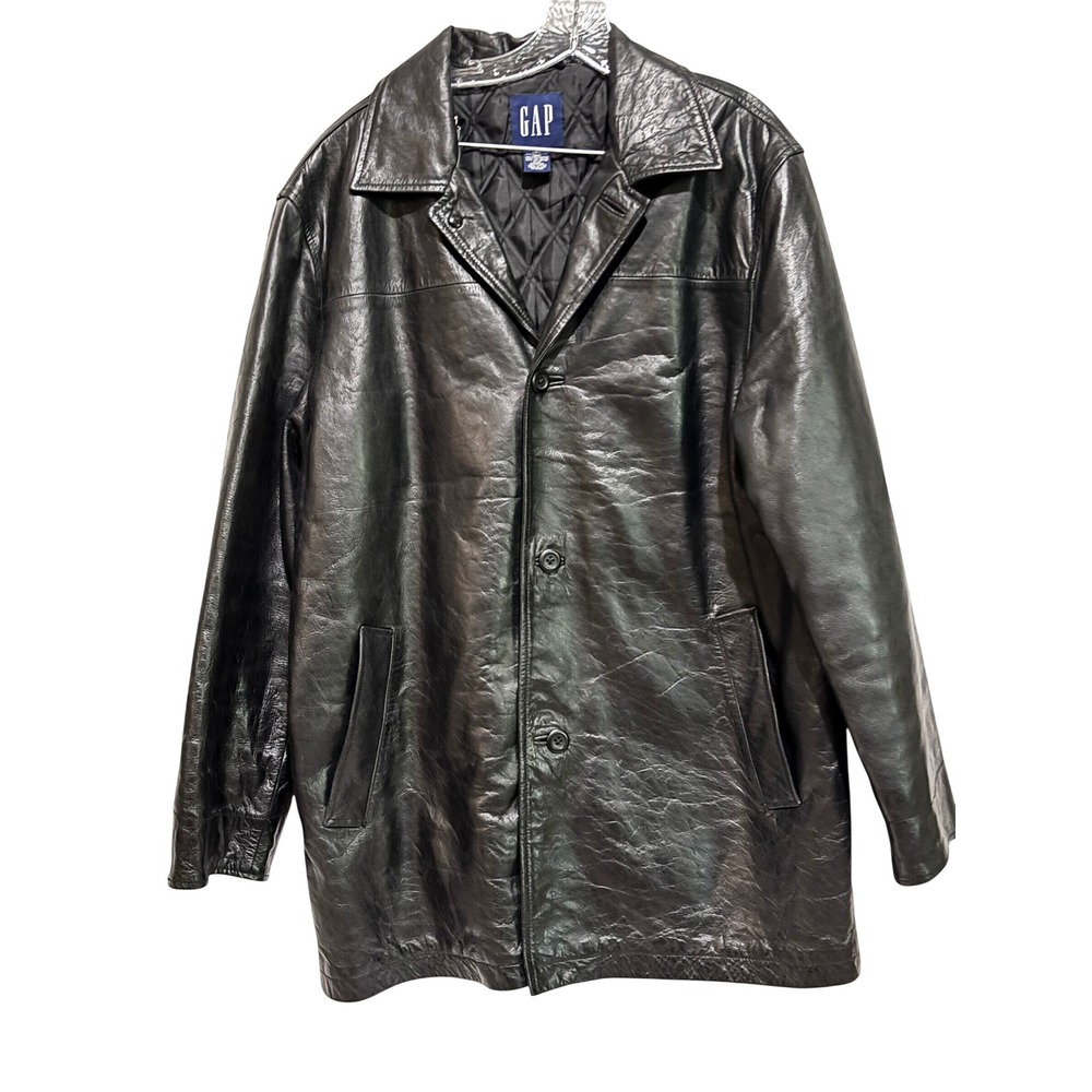 Vintage Gap Mens Leather Car Coat Black Button Front Quilted Lining Large Y2K